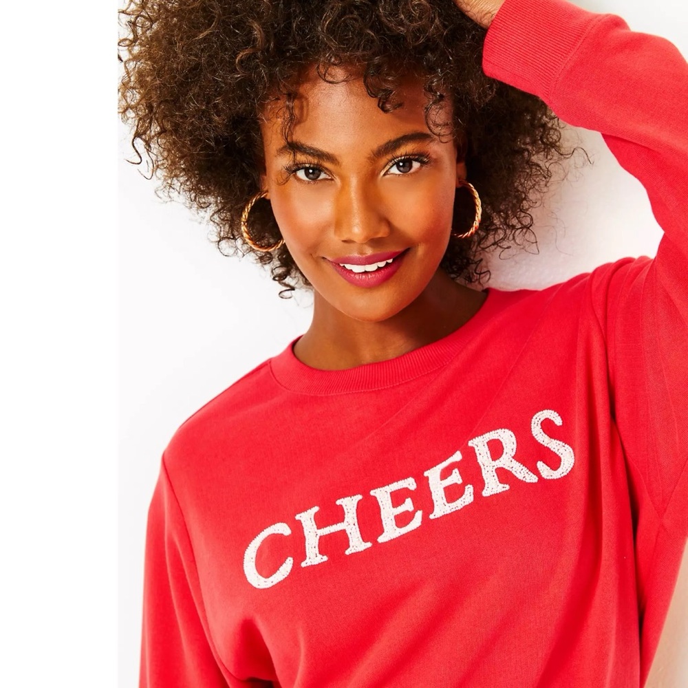 Lilly Pulitzer Ballard Sweatshirt SZ Medium Red Cheers Pearl Beading - Picture 2 of 16